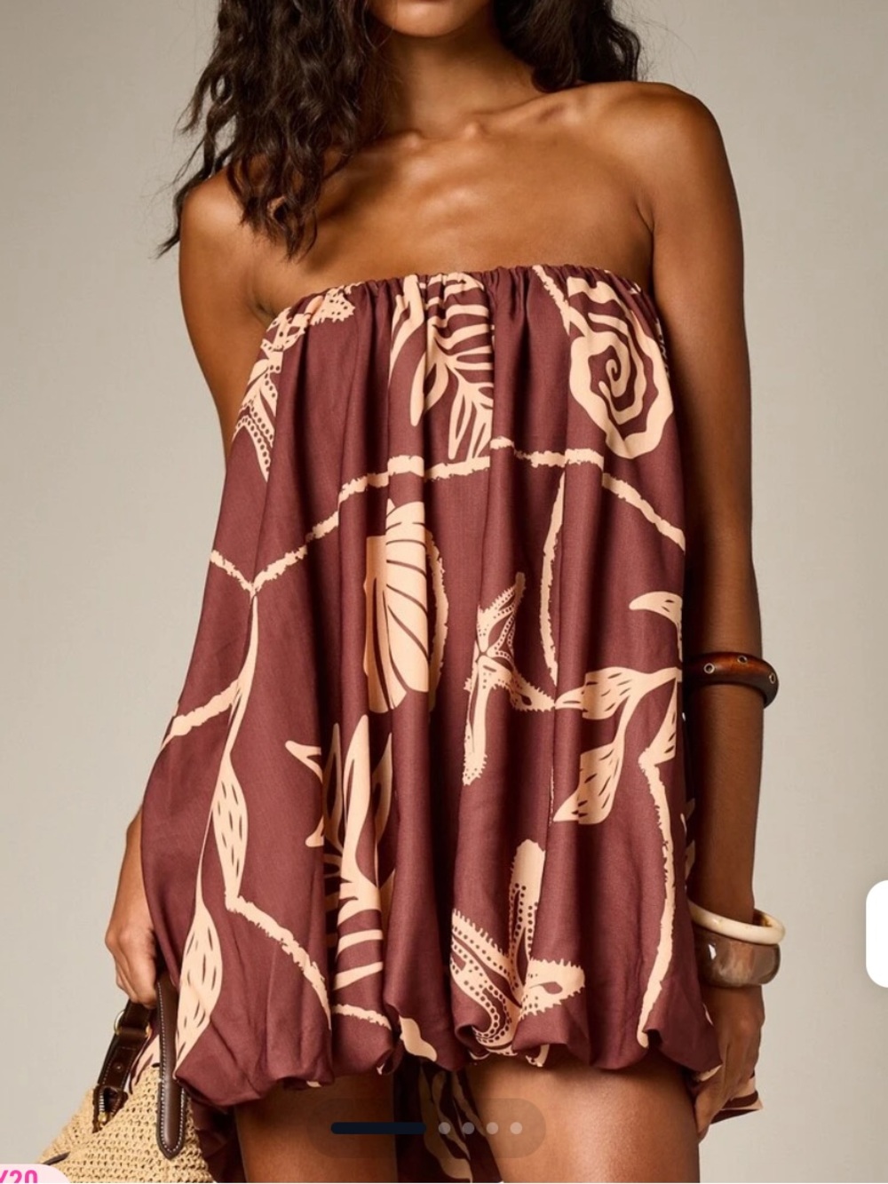 Brown Strapless Floral Bubble-Hem Mini Dress